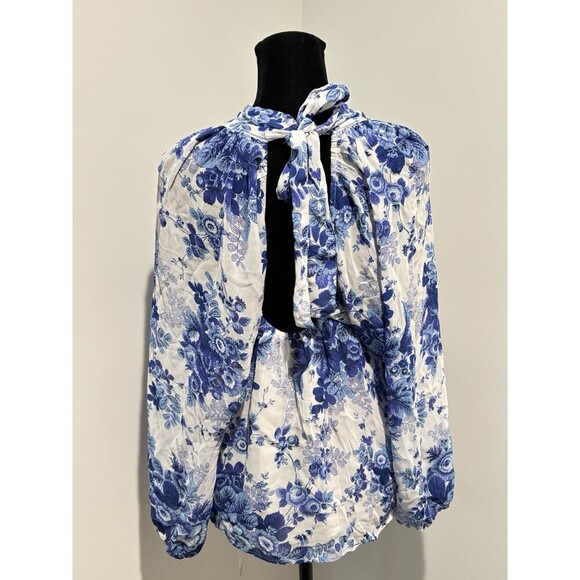 MAEVE Anthropologie Romantic Blue White Floral Sheer Open Tie Back Blouse Top SP - Picture 7 of 9